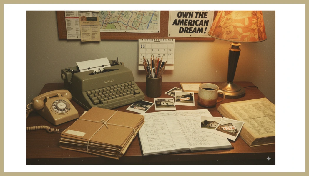 Vintage 1970s real estate agent desk with typewriter, phone, and paperwork – CENTURY 21 Simpson history
