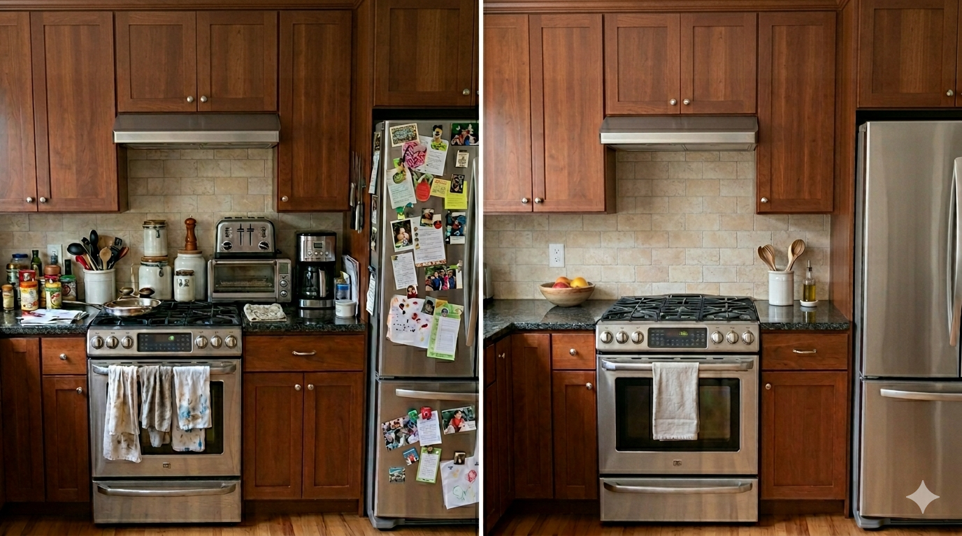 Before and after kitchen — declutter before selling your home in Central Kentucky